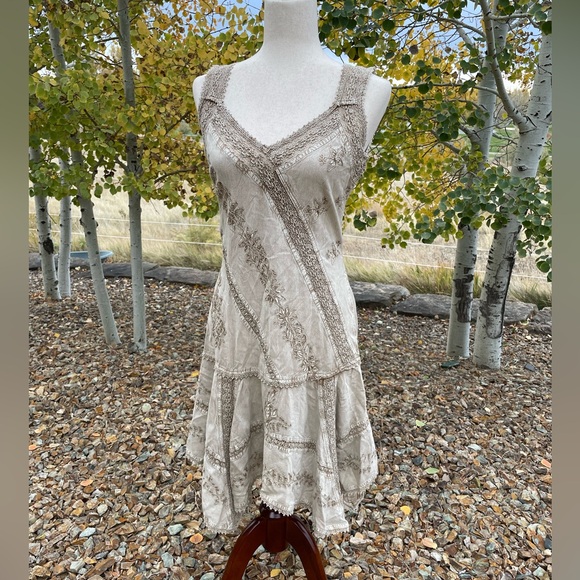 Dresses & Skirts - Vintage Coline Y2K fairycore Gypsy beige viscose embroidered drop waist dress